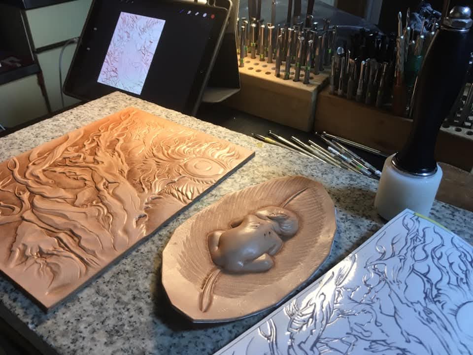 in progress Ukir kulit tingkat lanjut Embossing, Multi Layering & Aplique Leather Carving by Honghao Cai
